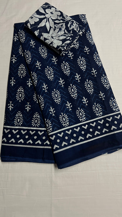 Cotton Classic Indigo Block Print Saree – Timeless Artisanal Elegance (One Size)