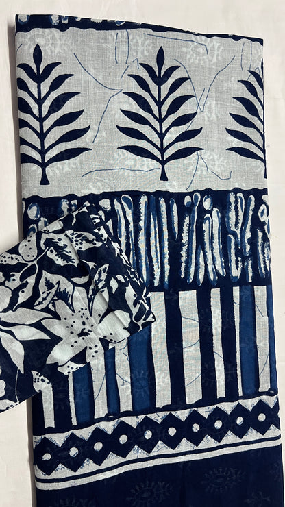 Cotton Classic Indigo Block Print Saree – Timeless Artisanal Elegance (One Size)