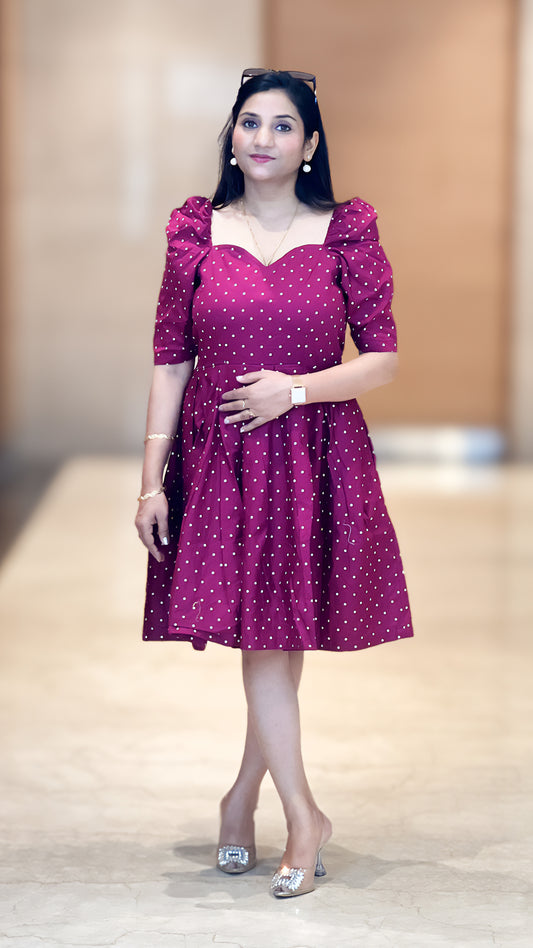 Cotton Polka Dot Dress - Maroon Puff Sleeve Twirl Dress
