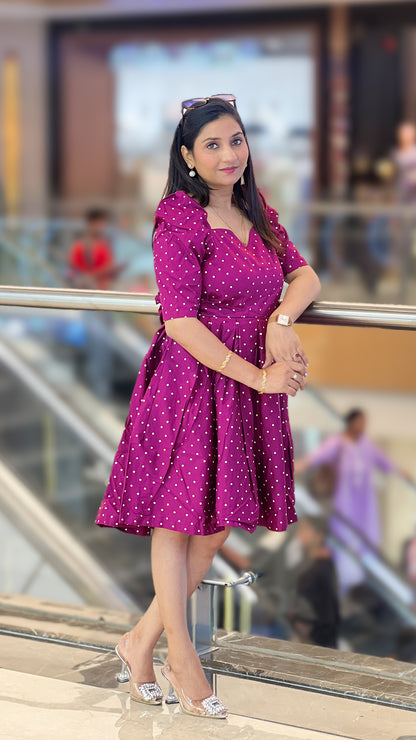 Cotton Polka Dot Dress - Maroon Puff Sleeve Twirl Dress