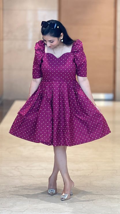 Cotton Polka Dot Dress - Maroon Puff Sleeve Twirl Dress