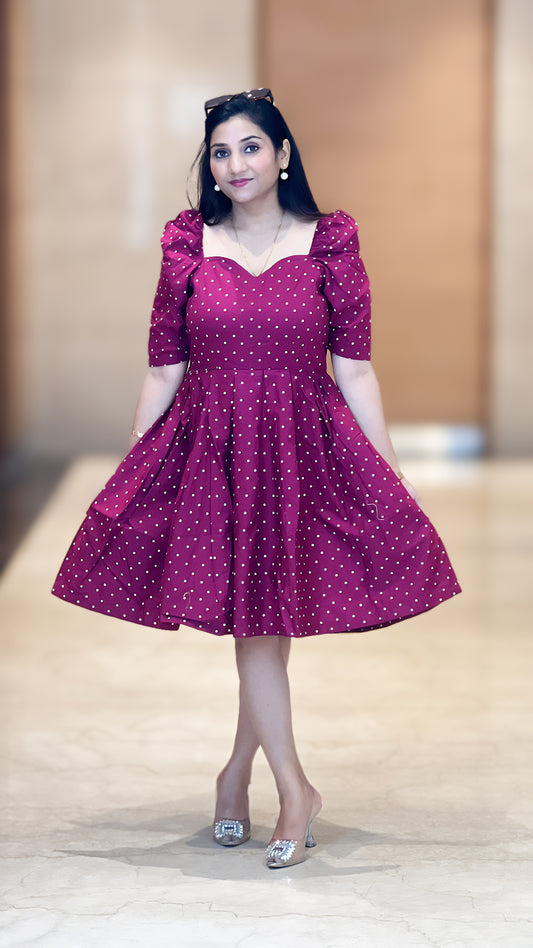 Cotton Polka Dot Dress - Maroon Puff Sleeve Twirl Dress