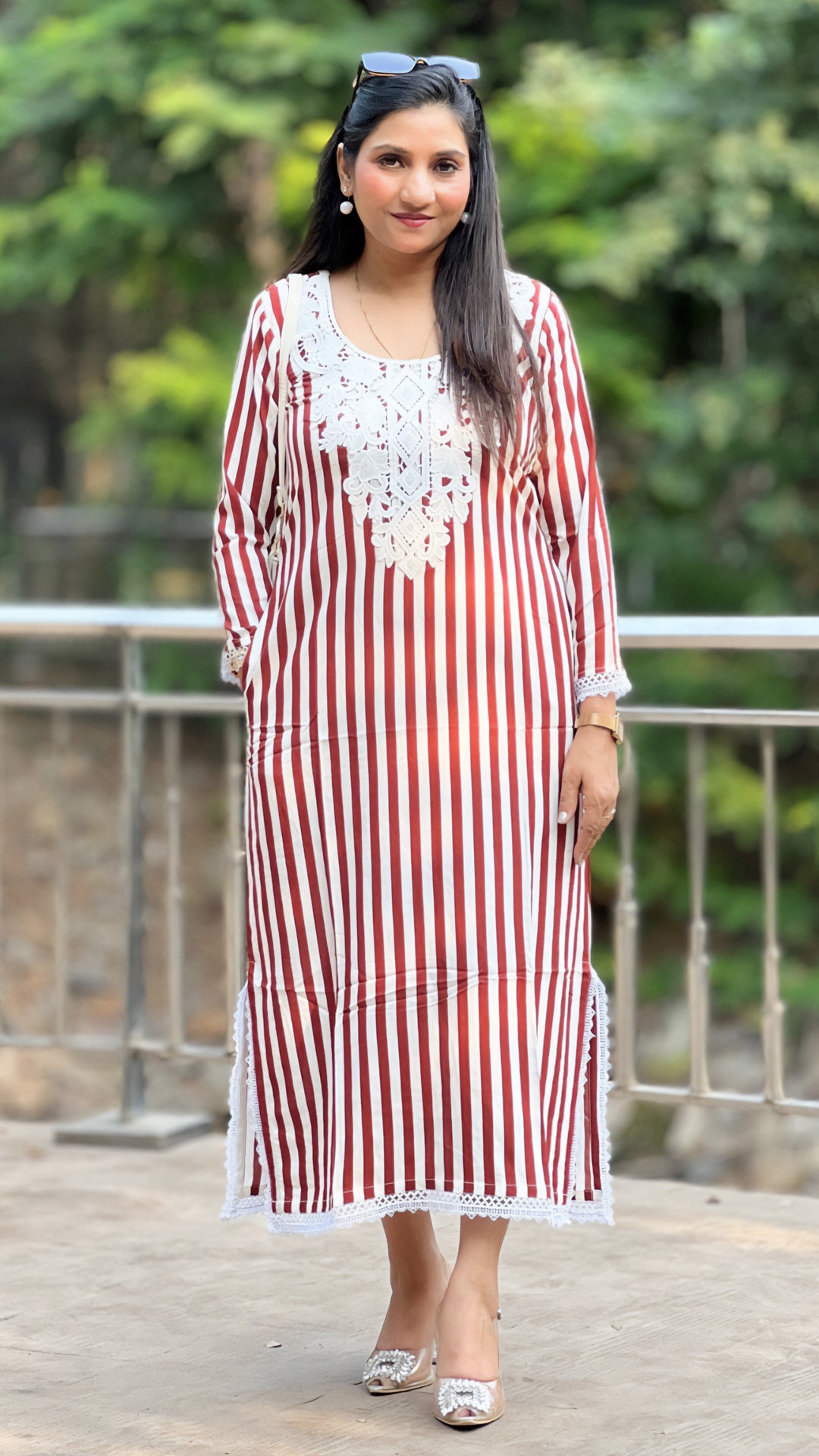 Red Side Slit Kaftan – Rayon Cotton Striped Kaftan with Lace Neckline