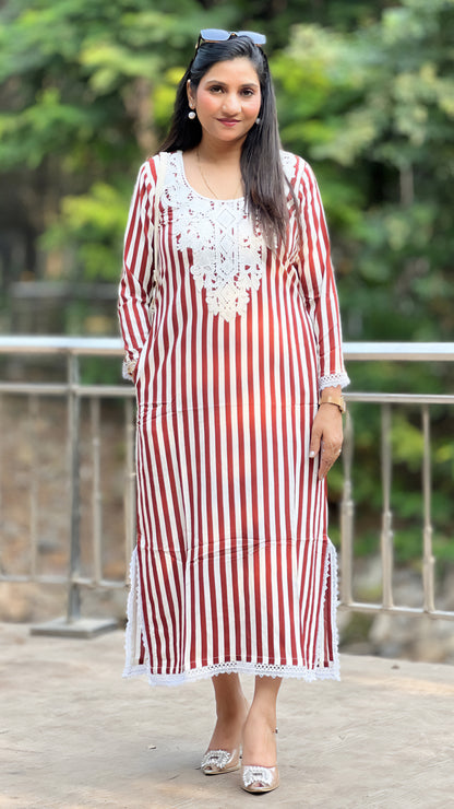 Red Side Slit Kaftan – Rayon Cotton Striped Kaftan with Lace Neckline