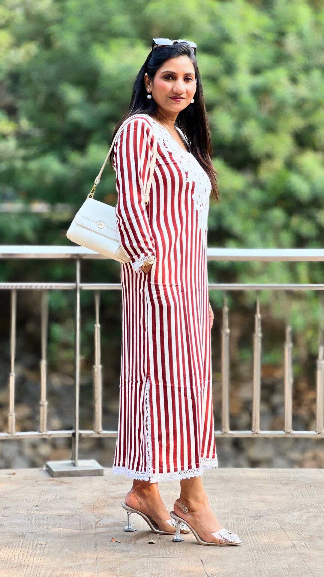 Red Side Slit Kaftan – Rayon Cotton Striped Kaftan with Lace Neckline