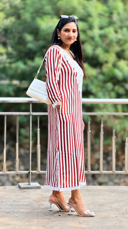 Red Side Slit Kaftan – Rayon Cotton Striped Kaftan with Lace Neckline