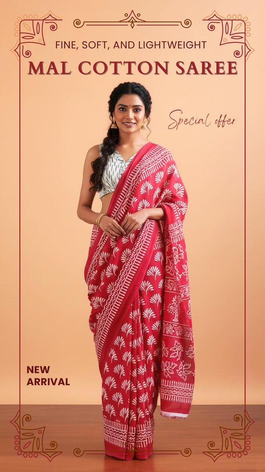 Red Mal Cotton Saree – Soft, Lightweight Cotton Saree with Statement Stripes