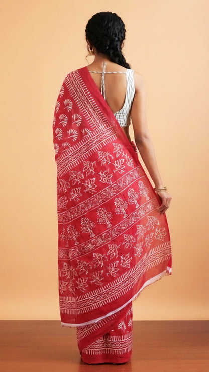 Red Mal Cotton Saree – Soft, Lightweight Cotton Saree with Statement Stripes
