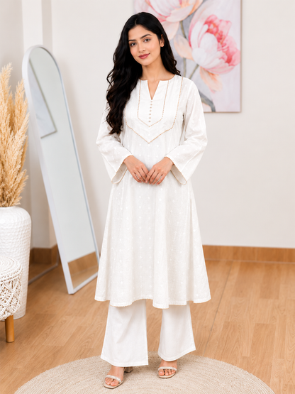 Cotton Pearl White A-Line Kurti – Elegant Minimalist Sophistication(S–5XL)(Only Kurti)