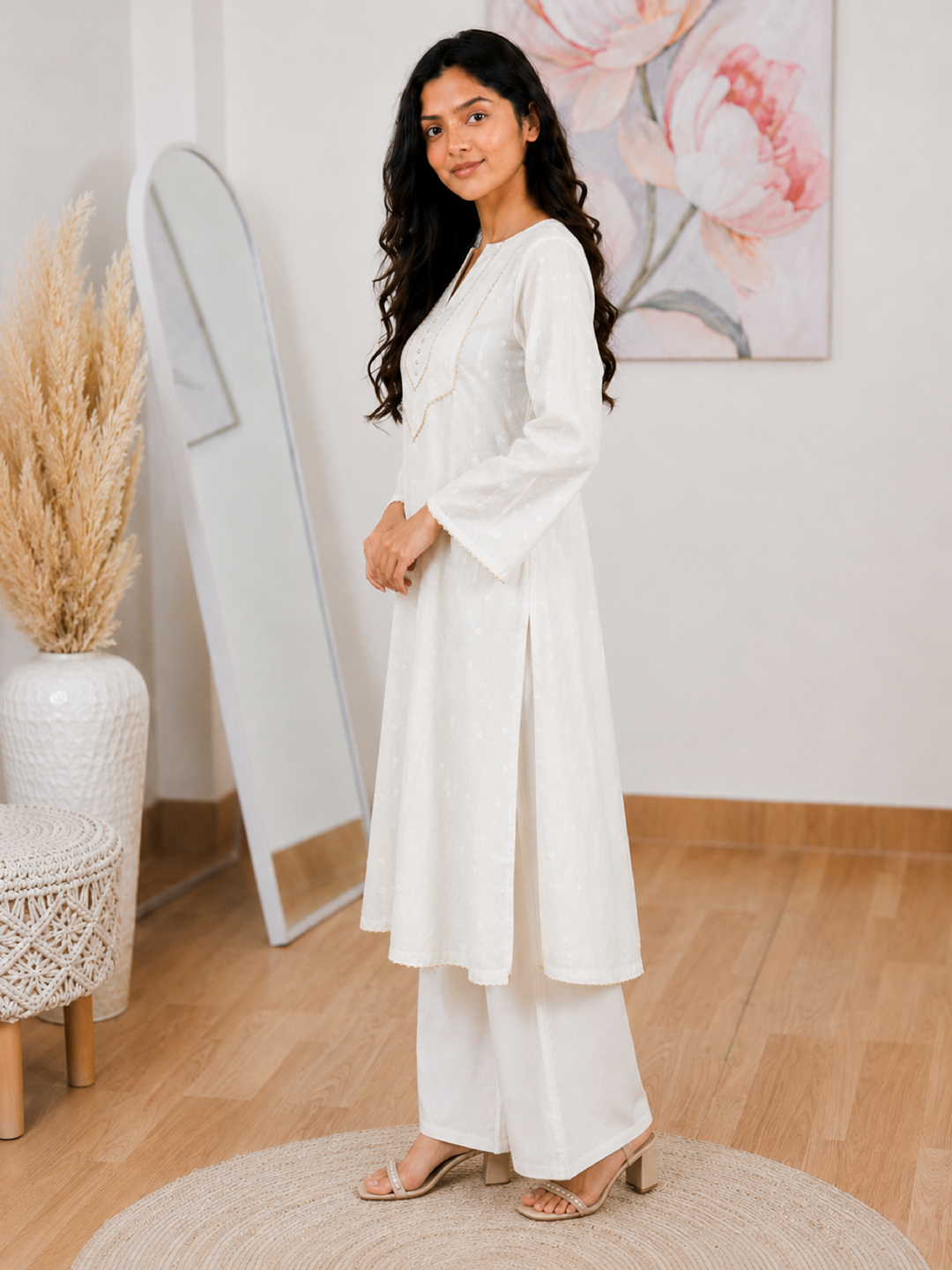Cotton Pearl White A-Line Kurti – Elegant Minimalist Sophistication(S–5XL)(Only Kurti)