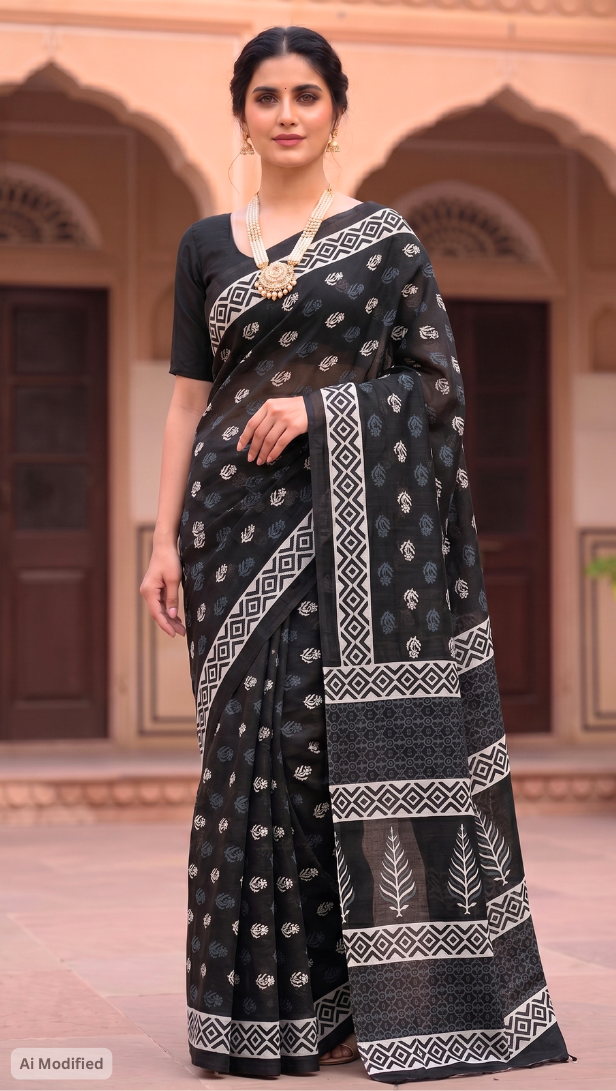 Cotton Classic Ajrakh Black Hand-Block Printed Saree – Authentic Heritage Elegance (One Size)