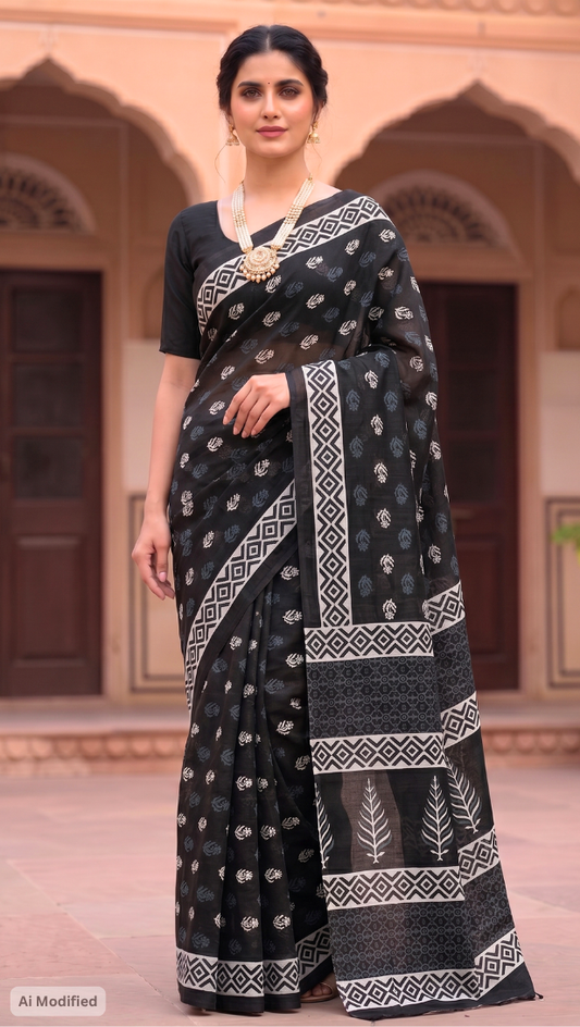 Cotton Classic Ajrakh Black Hand-Block Printed Saree – Authentic Heritage Elegance (One Size)