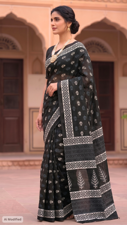 Cotton Classic Ajrakh Black Hand-Block Printed Saree – Authentic Heritage Elegance (One Size)