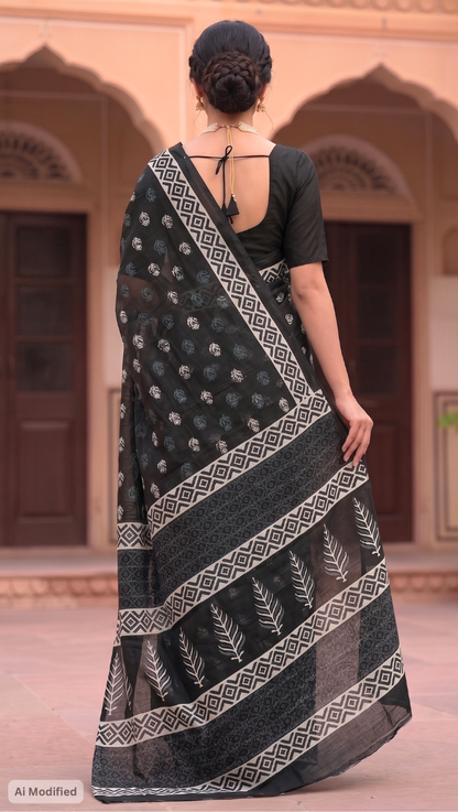 Cotton Classic Ajrakh Black Hand-Block Printed Saree – Authentic Heritage Elegance (One Size)