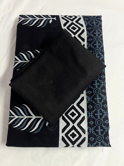 Cotton Classic Ajrakh Black Hand-Block Printed Saree – Authentic Heritage Elegance (One Size)