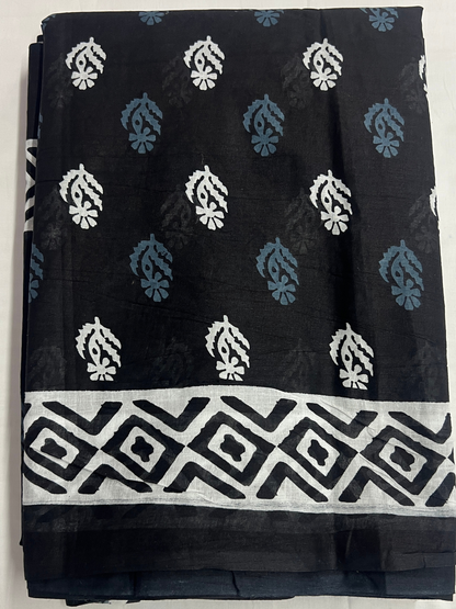 Cotton Classic Ajrakh Black Hand-Block Printed Saree – Authentic Heritage Elegance (One Size)