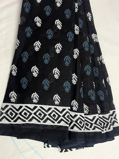 Cotton Classic Ajrakh Black Hand-Block Printed Saree – Authentic Heritage Elegance (One Size)