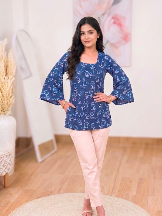 Cotton Azure Petal Square-Neck Kurti – Delicate Modern Ethnic Bloom (Only Kurti) (S–5XL)