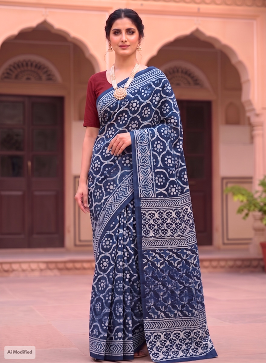 Cotton Indigo Blue Hand-Block Print Saree – Artisanal Heritage Elegance (One Size)