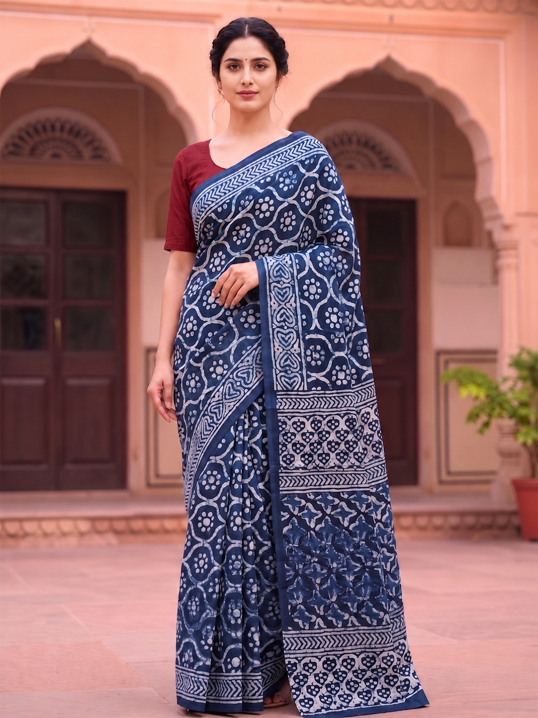 Cotton Indigo Blue Hand-Block Print Saree – Artisanal Heritage Elegance (One Size)