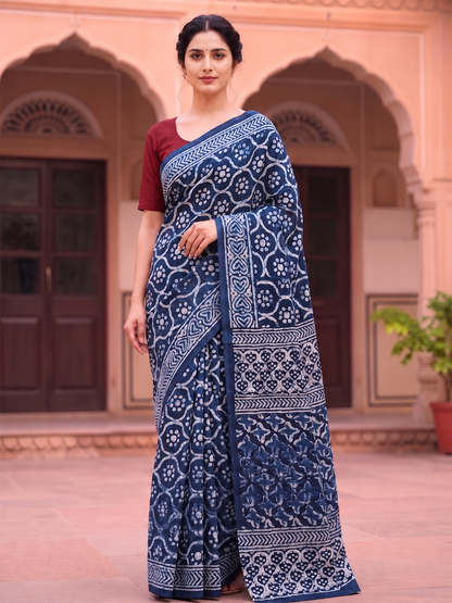 Cotton Indigo Blue Hand-Block Print Saree – Artisanal Heritage Elegance (One Size)