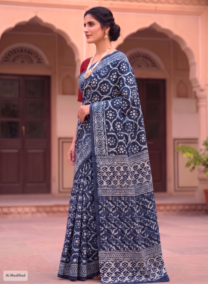 Cotton Indigo Blue Hand-Block Print Saree – Artisanal Heritage Elegance (One Size)