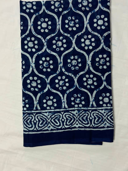 Cotton Indigo Blue Hand-Block Print Saree – Artisanal Heritage Elegance (One Size)