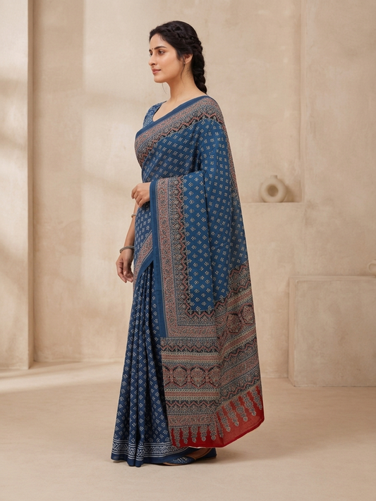 Indigo Ethnic Print Cotton Saree – Heritage-Inspired Elegance (One Size)
