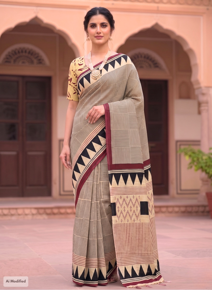 Cotton Geometric Striped Saree – Modern Artistic Casual Elegance (One Size)