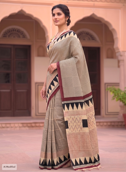 Cotton Geometric Striped Saree – Modern Artistic Casual Elegance (One Size)