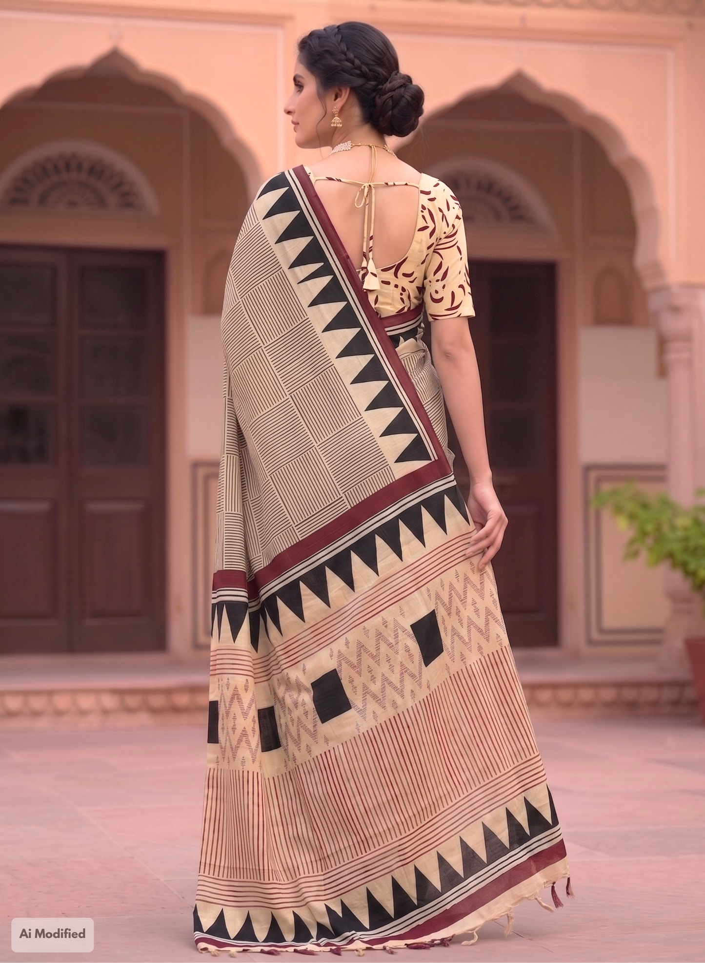 Cotton Geometric Striped Saree – Modern Artistic Casual Elegance (One Size)