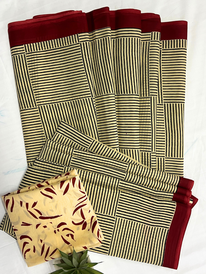 Cotton Geometric Striped Saree – Modern Artistic Casual Elegance (One Size)