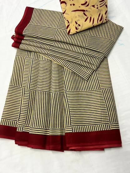 Cotton Geometric Striped Saree – Modern Artistic Casual Elegance (One Size)