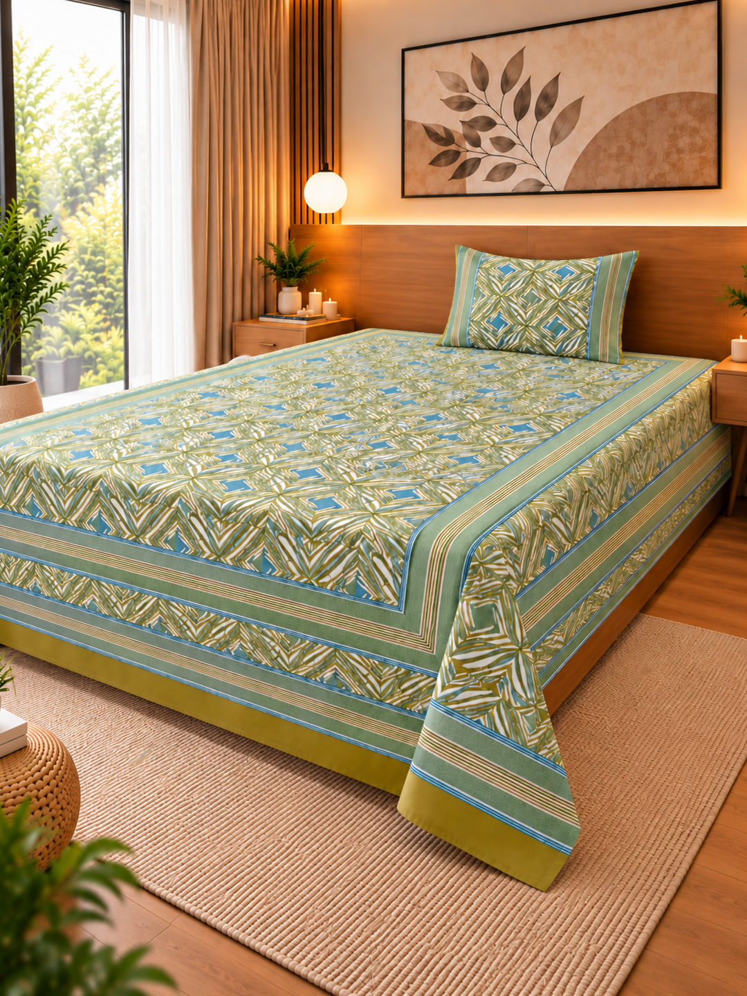 Green Harmony Cotton Bedsheet – 63×90 Inches