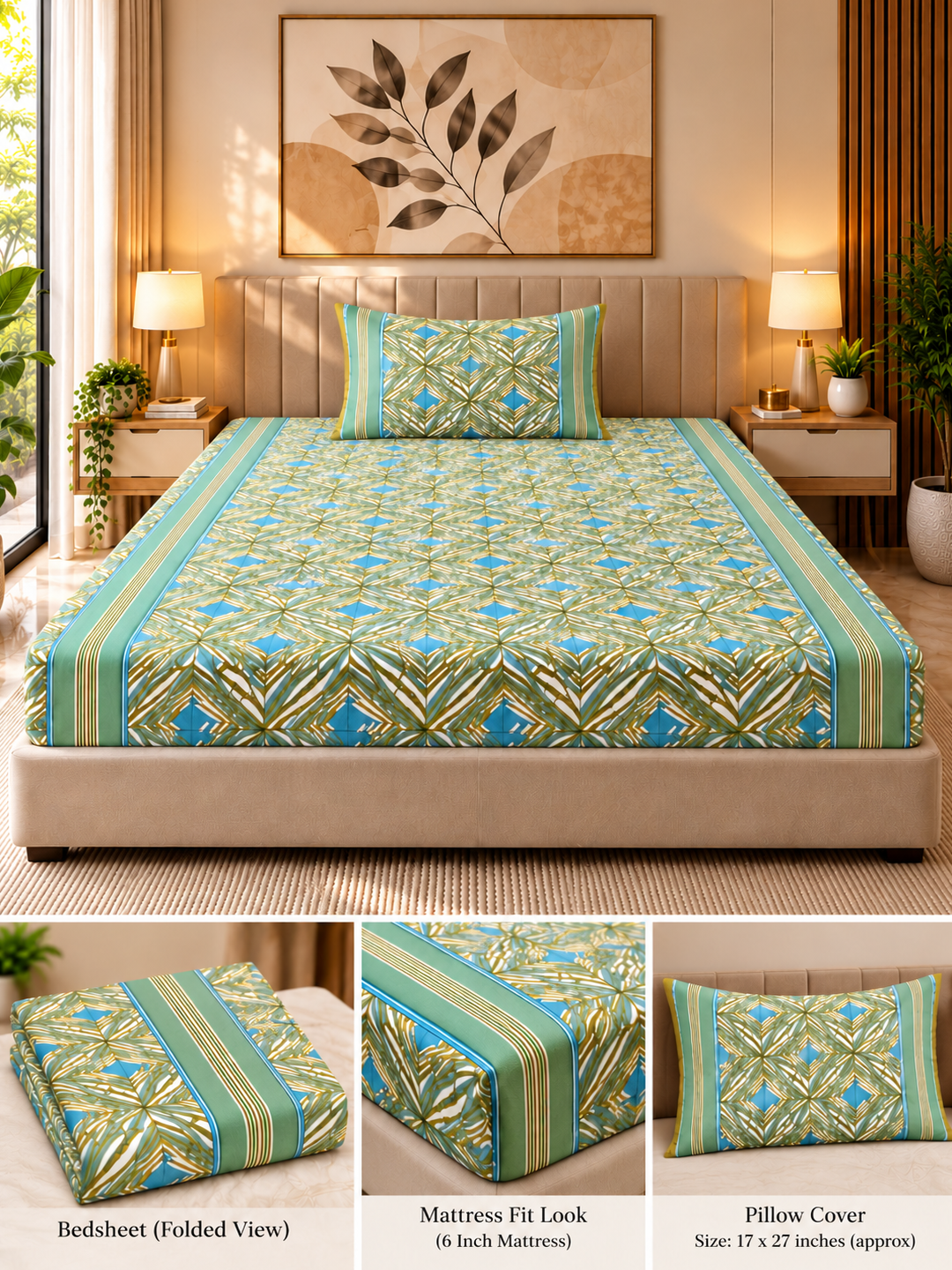 Green Harmony Cotton Bedsheet – 63×90 Inches