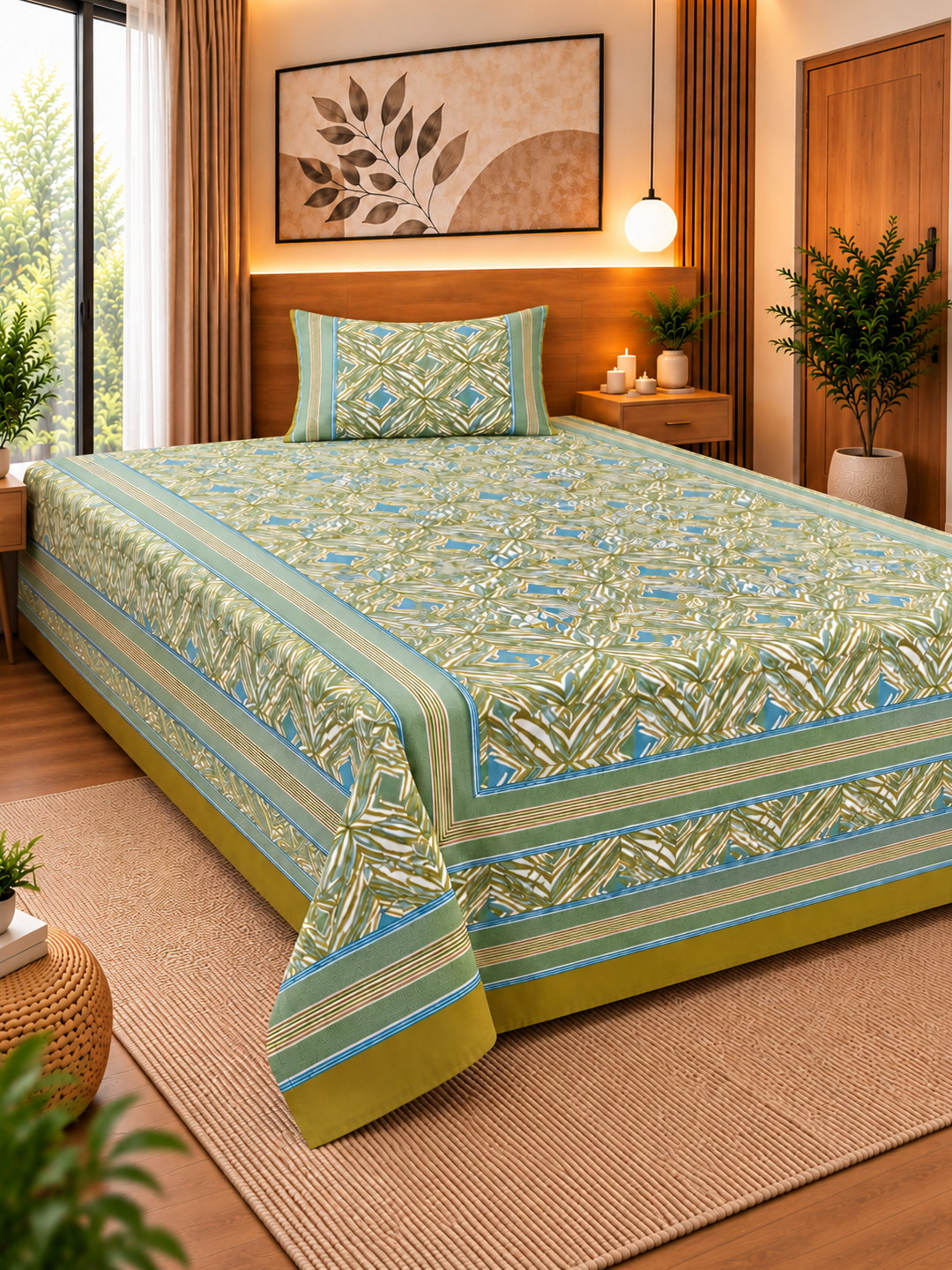 Green Harmony Cotton Bedsheet – 63×90 Inches