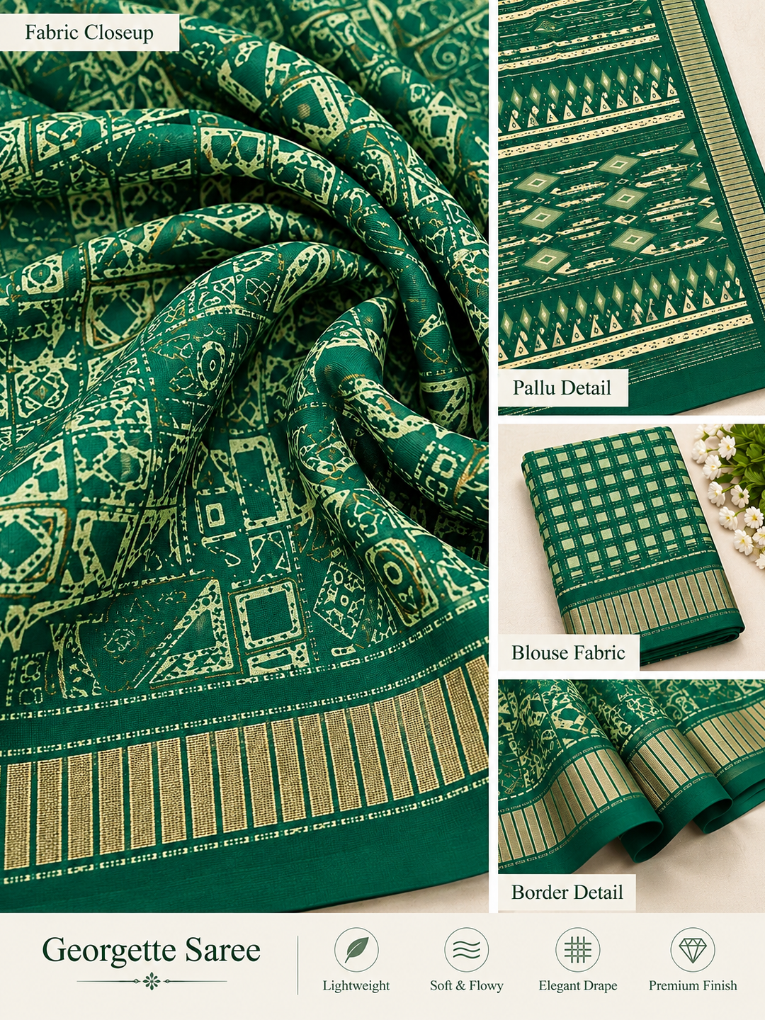 Green Ethnic Saree – Georgette – Fresh, Timeless Elegance