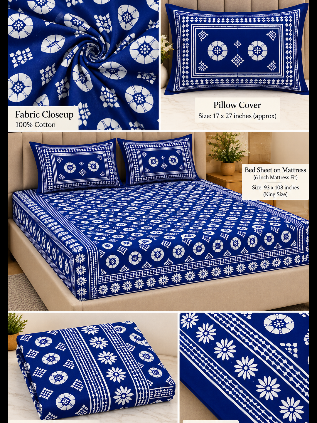 Indigo Royale Cotton Bedsheet – 93×108 Inches