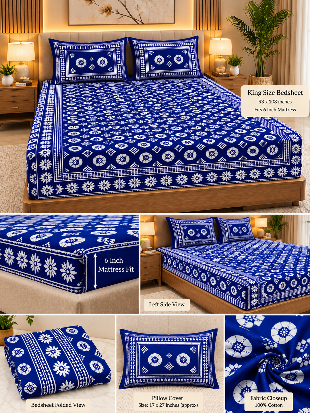 Indigo Royale Cotton Bedsheet – 93×108 Inches