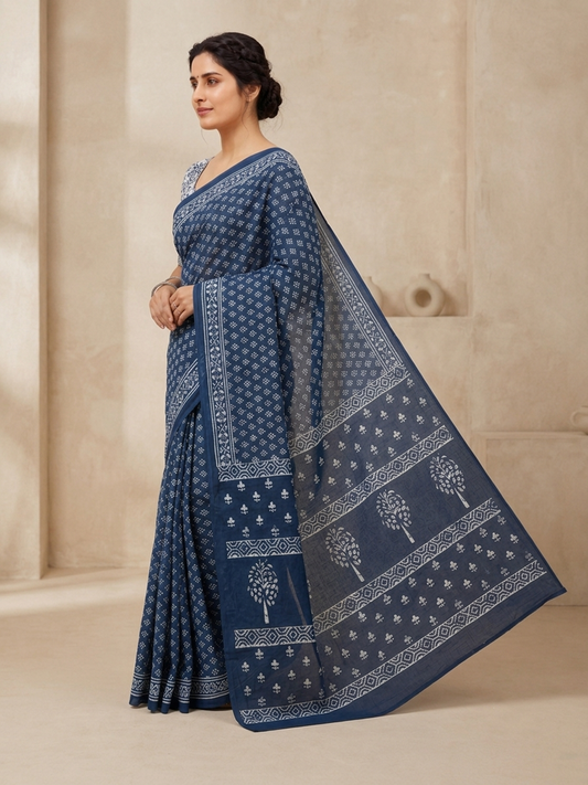 Indigo Pure Cotton Saree – Timeless Everyday Elegance (One Size)