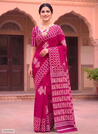 Cotton Magenta Magic Saree – Vibrant Festive Elegance (One Size)