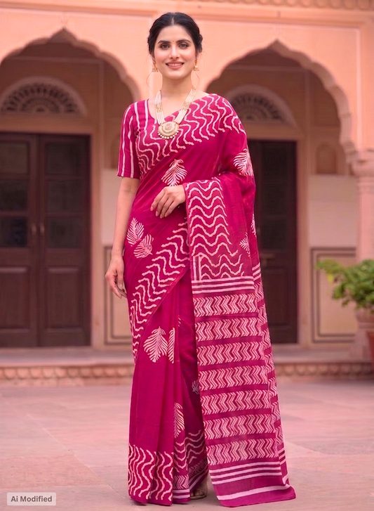 Cotton Magenta Magic Saree – Vibrant Festive Elegance (One Size)