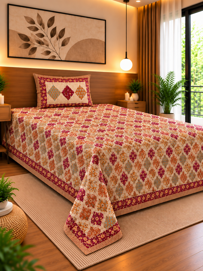 Maroon & Rust Floral Bedsheet – Cotton (63×90 in)