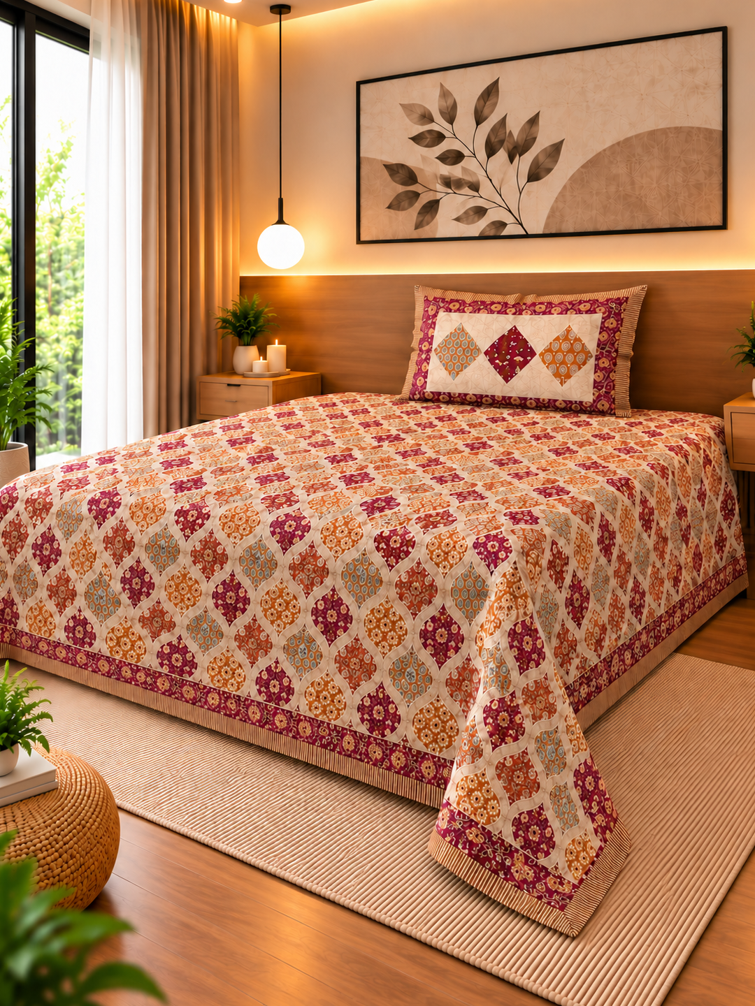 Maroon & Rust Floral Bedsheet – Cotton (63×90 in)
