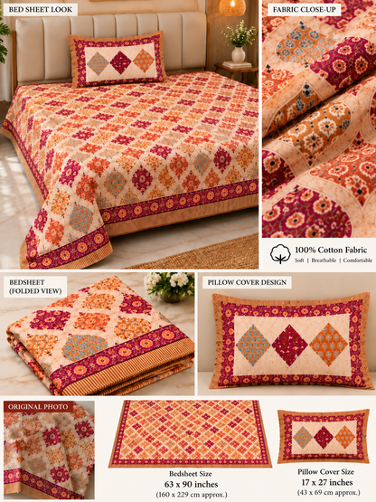 Maroon & Rust Floral Bedsheet – Cotton (63×90 in)