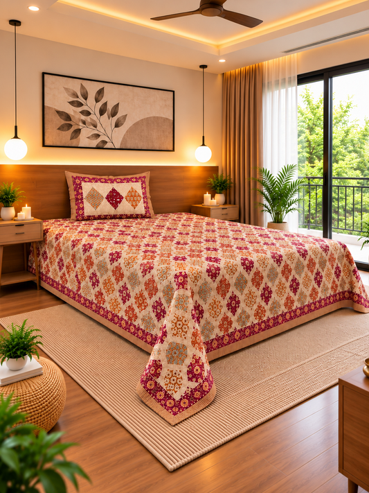 Maroon & Rust Floral Bedsheet – Cotton (63×90 in)