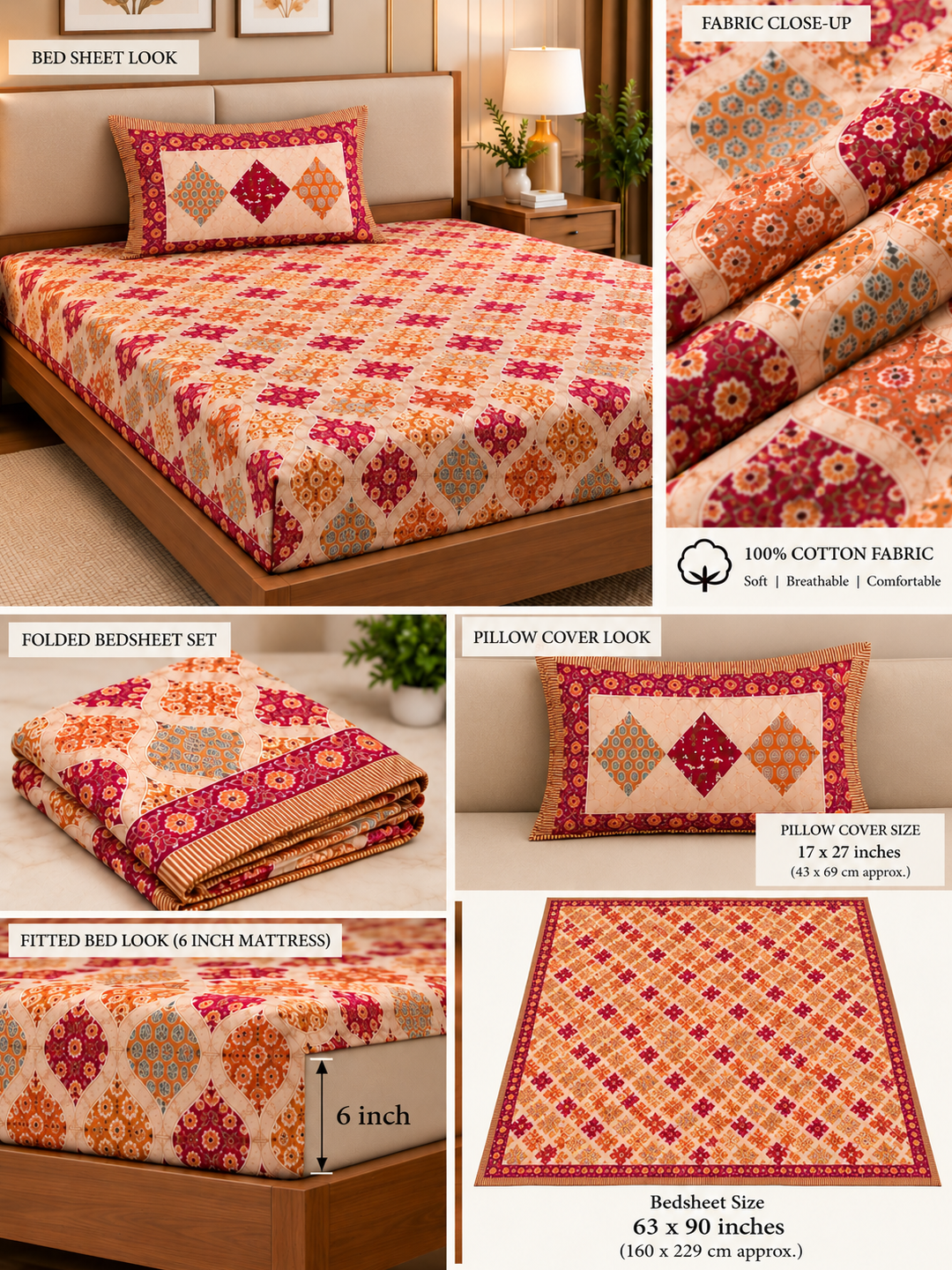 Maroon & Rust Floral Bedsheet – Cotton (63×90 in)