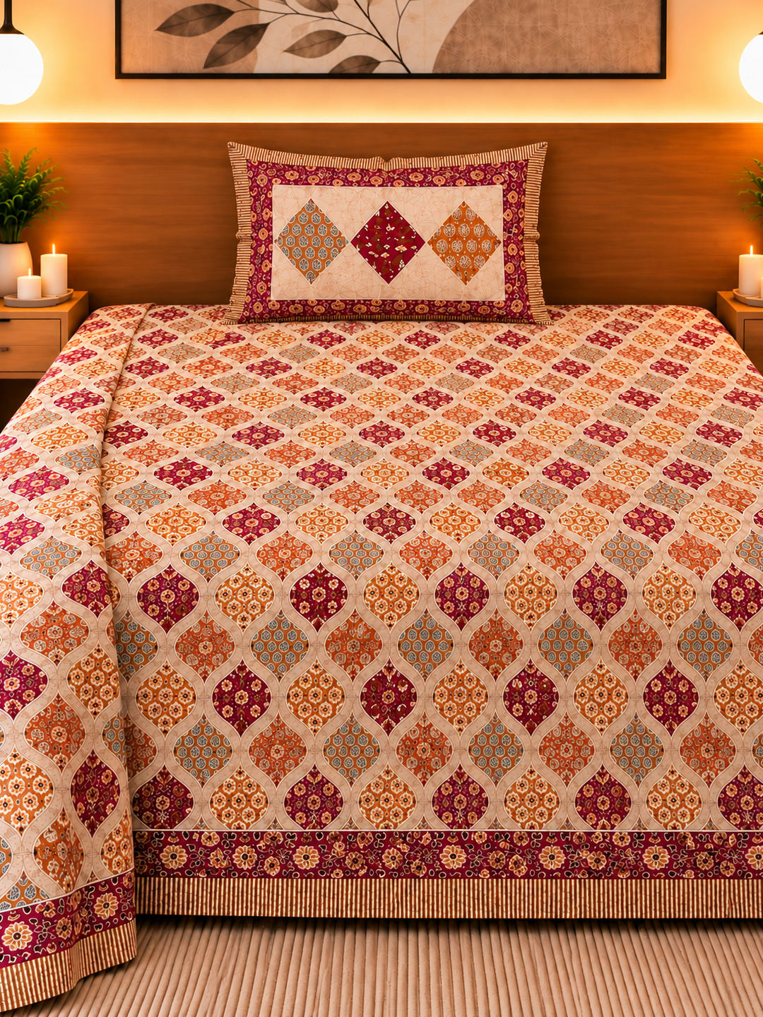 Maroon & Rust Floral Bedsheet – Cotton (63×90 in)