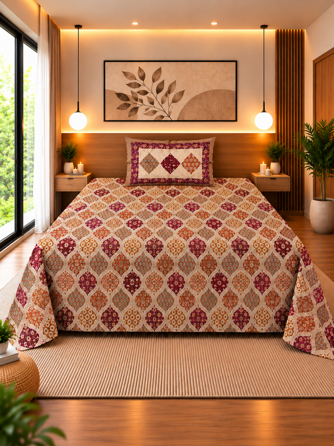 Maroon & Rust Floral Bedsheet – Cotton (63×90 in)