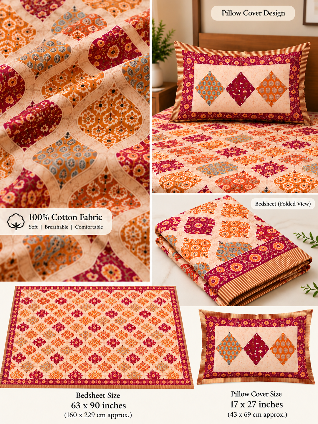 Maroon & Rust Floral Bedsheet – Cotton (63×90 in)